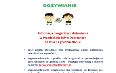 Zdjęcie do Dożywianie wychowank&oacute;w Przedszkola ZSP w Dobrzanach do 31 grudnia 2023r.