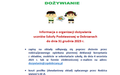 Zdjęcie do Dożywianie uczni&oacute;w Szkoły Podstawowej w Dobrzanach do 31 grudnia 2023r.