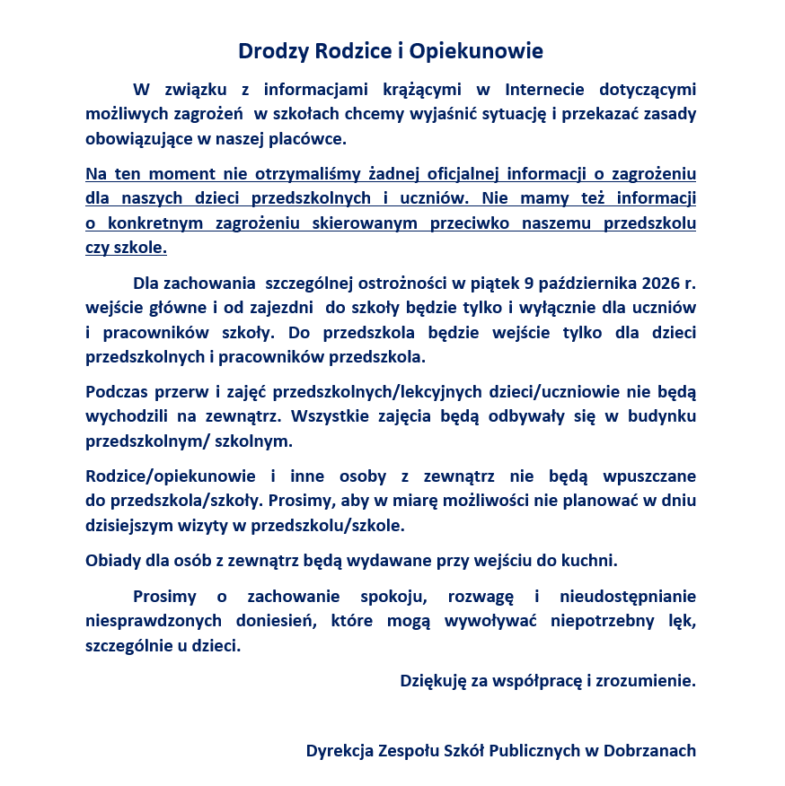 Zespoły Szkół Publicznych w Dobrzanach wprowadzają dodatkowe środki ostrożności